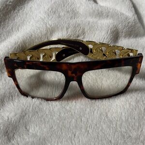 Tortoiseshell Rectangular Women's Fashion Glasses with Gold Chain Arms